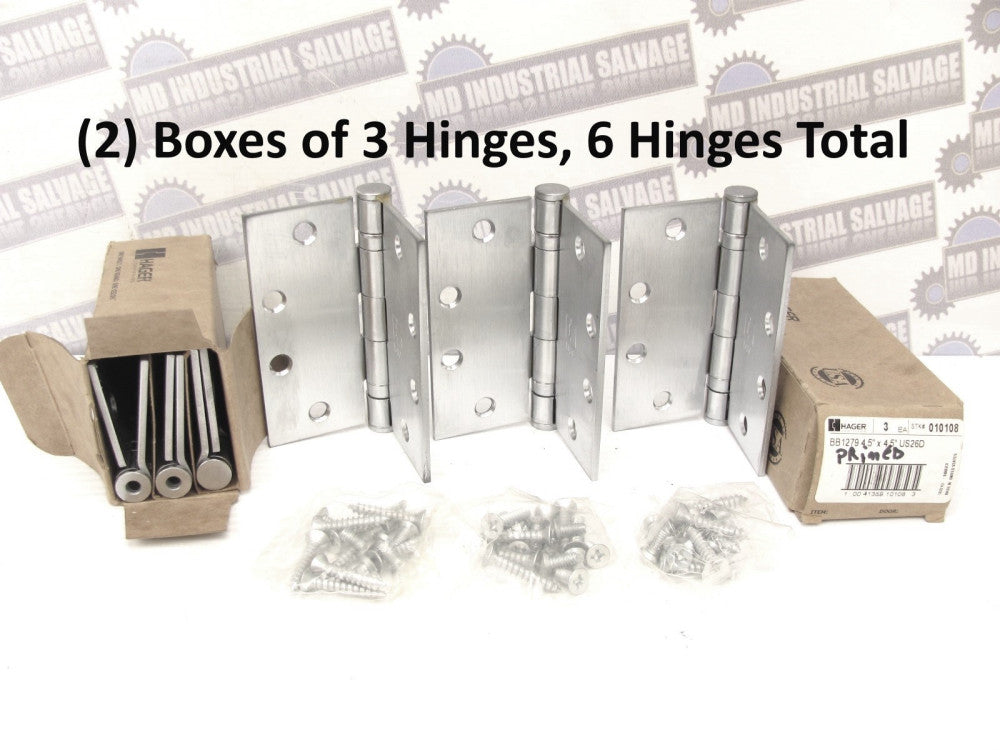 (6 Pcs) HAGER - BB1279 - 4.5 x 4.5 MORTISE HINGE - US26D - Satin Brushed Chrome