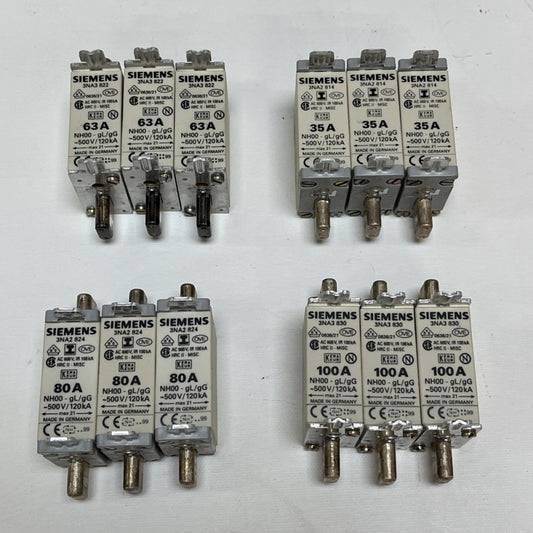 (12x Mixed Lot) Siemens Fuse 3NA3830 100A, 3NA2824 80A, 3NA3822 63A, 3NA2814 35A
