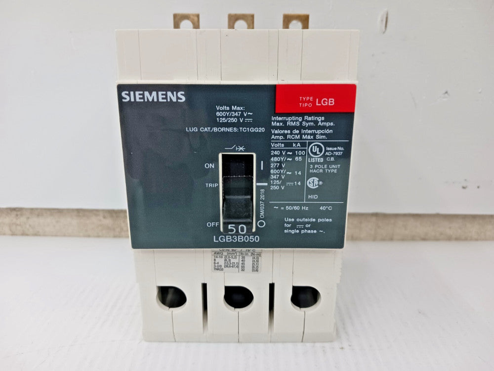 SIEMENS 50 AMP BOLT-ON CIRCUIT BREAKER 3 POLE 600Y/347 VAC 65kA LGB3B050