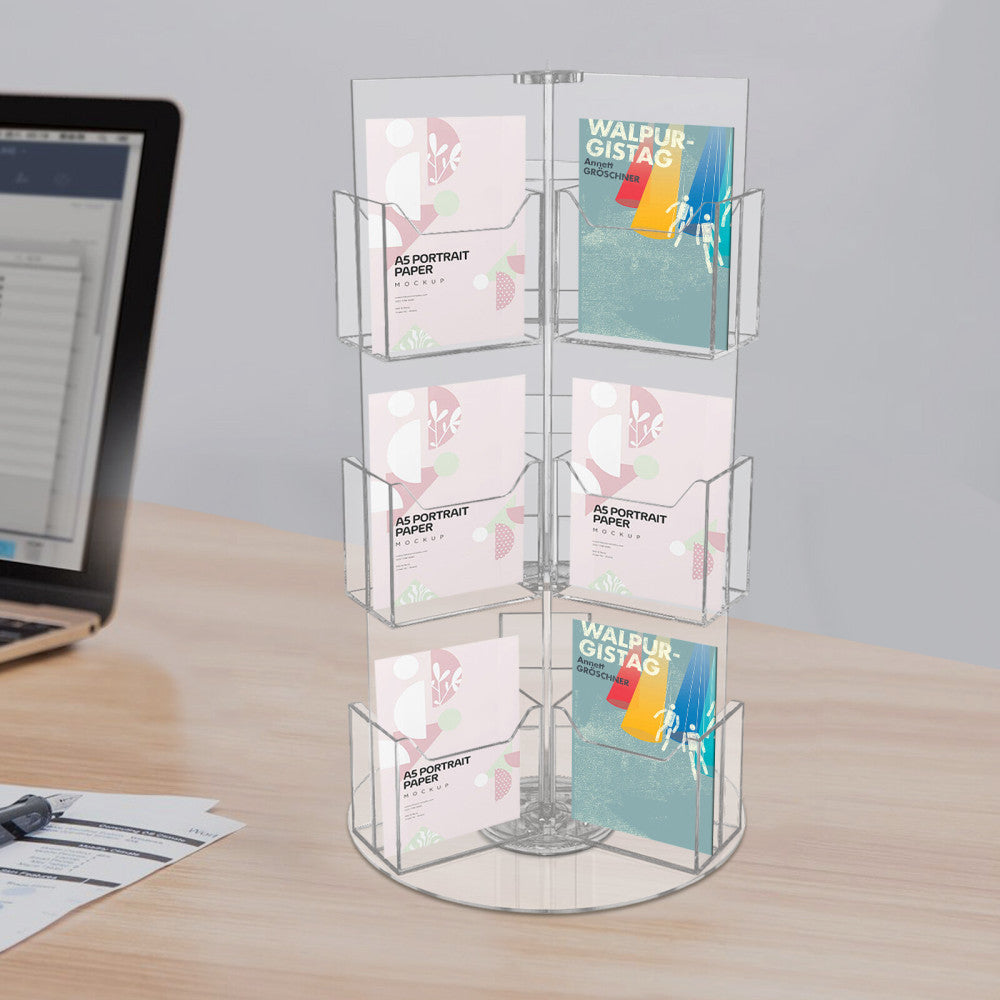 18 Pocket Acrylic Flyer Holder, Rotating Clear Pamphlet Display Holder, 3-layer