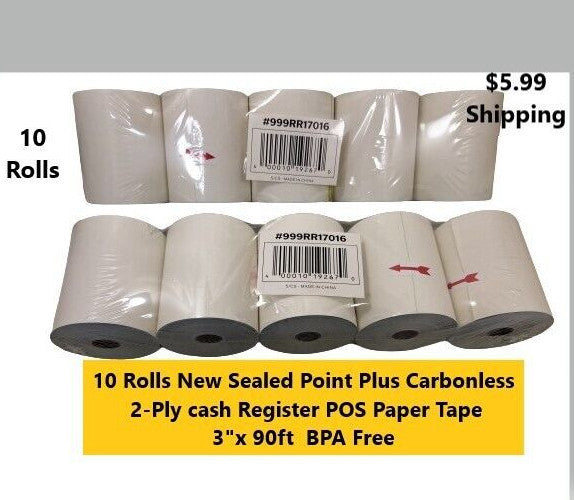 10-Pk Point Plus 3" x 90' Carbonless 2-Ply Cash Register POS Paper Roll Tape