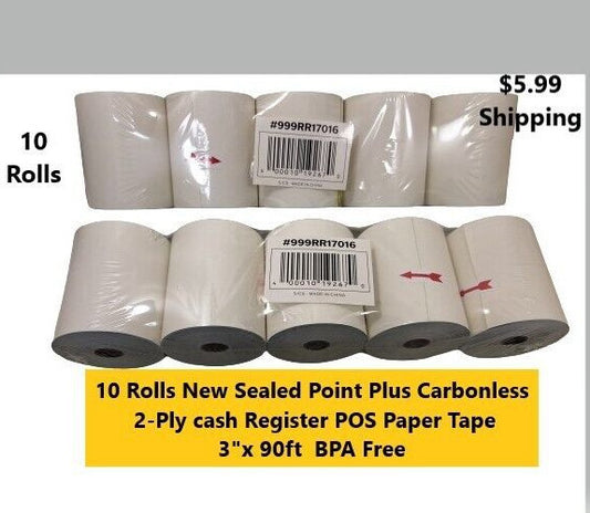 10-Pk Point Plus 3" x 90' Carbonless 2-Ply Cash Register POS Paper Roll Tape