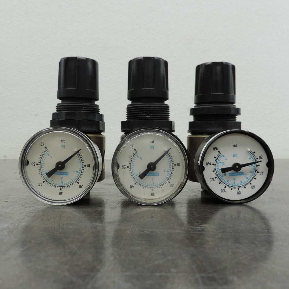 Lot Of 3 Wilkerson Two (2) R04-02-L00 and One (1) R04-02-000 Regulator W/ Gauge
