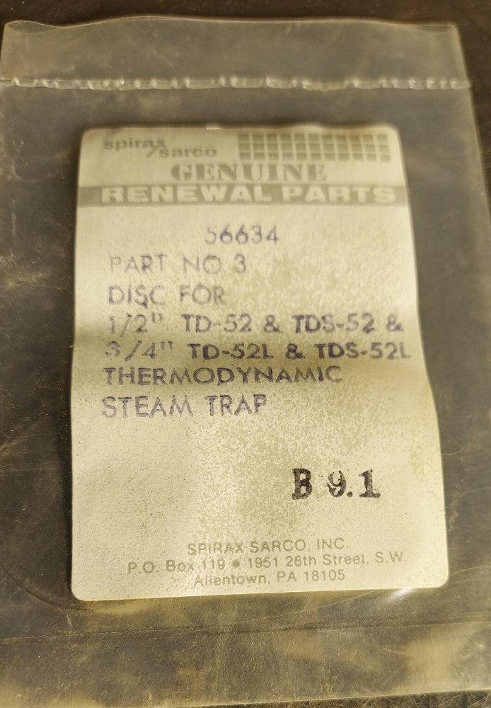 Sarco 56634 Steel Disc 1/2" TD52, TDS52 & 3/4" TD52L, TDS52L 
