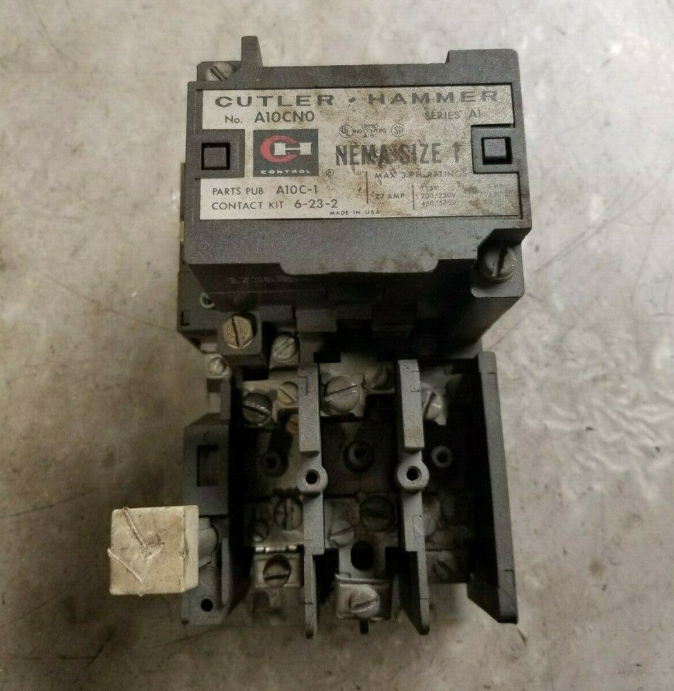CUTLER HAMMER SIZE 1 MOTOR STARTER 600 VAC COIL 10 HP 3 PHASE 600 VAC  A10CN0