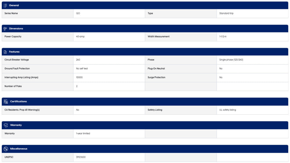 40-amp Square D Breaker Standard Trip Circuit
