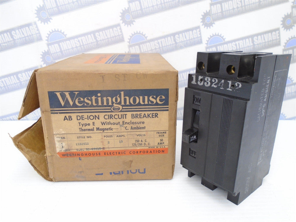 Westinghouse AB DE-ION Circuit Breaker Type E 15A 2 Pole 250 VAC/VDC (NEW)