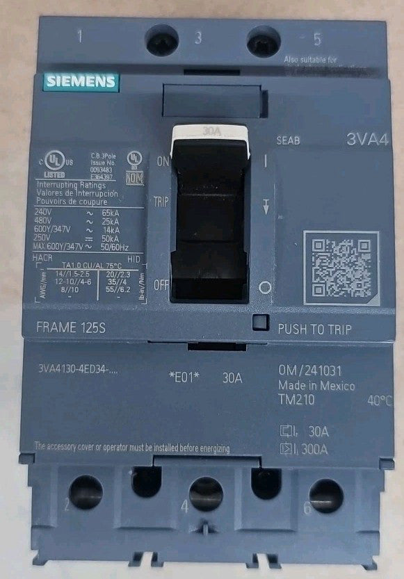 NTO Siemens Circuit Breaker 3VA4130-4ED34-0AA0 3 pole 30 amp 25kA@480v Bolt on