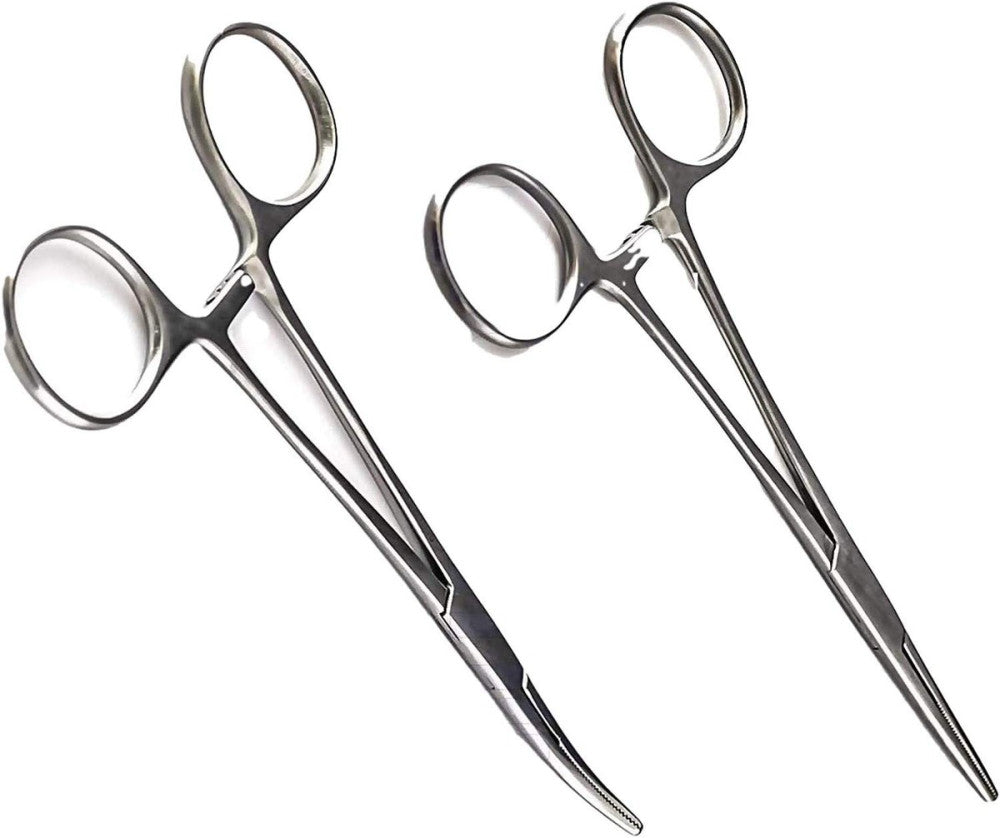 2 pcs Fishing Clamp Set 5" Straight and Curved Hemostat Forceps Locking Tweez...