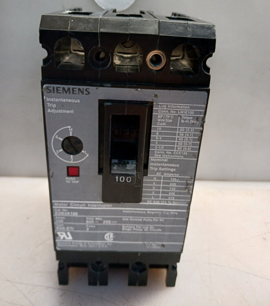 SIEMENS 100A CIRCUIT BREAKER ED63A100 3P 600V - 250 VDC 100 AMP