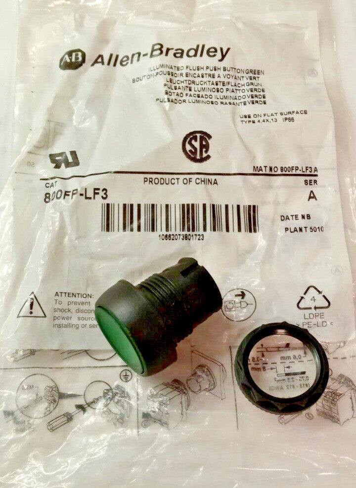 NEW ALLEN BRADLEY ILLUMINATED PUSHBUTTON GREEN FLUSH HEAD MOMENTARY 800FP-LF3