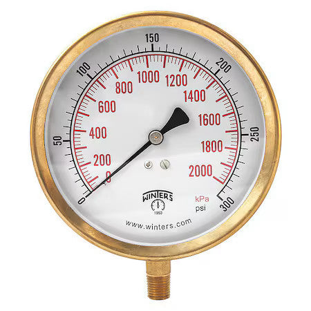 Winters P1s426 Industrial Pressure Gauge, 0 To 300 Psi, 4 1/2 In Dial, 1/4 In