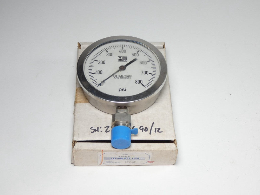 Stewarts-USA 43S-800 4" Pressure Gauge 0-800PSI 1/2"NPT Bottom - NEW Surplus!