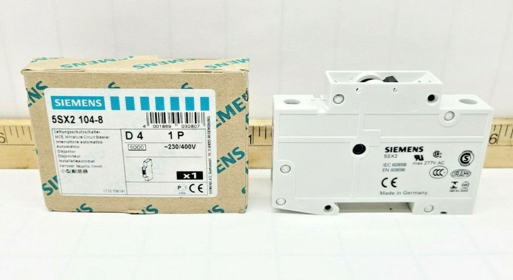 New Siemens 4 Amp Din Rail Circuit Breaker 277 VAC Single Pole  5SX2 104-8