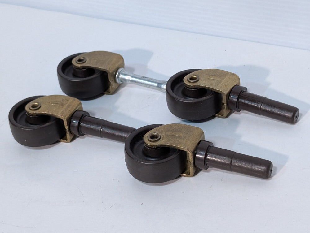 Set of 4  Swivel Wheel Casters, 1.5" Diameter Black Wheels, Brass Hardware