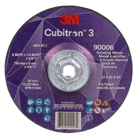 3M Cubitron 90006 Depressed Center Grinding Wheel, Type 27, 6 In Dia, 0.25 In
