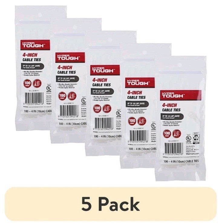 (5 pack)4inch Cable Tie Natural 100Pcs