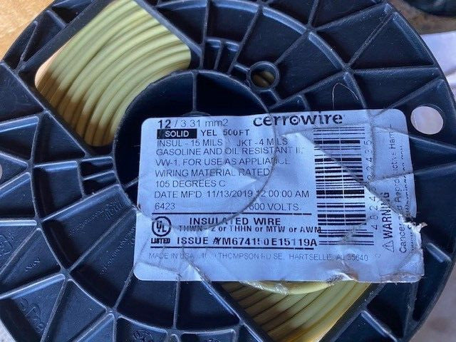 Cerrowire 12AWG THHN/THWN-2, Solid, Insulated, Yellow, 500' Gas/Oil Resistant