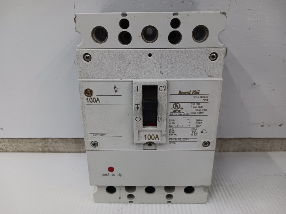 GE Record Plus 100 Amp Circuit Breaker 3 Pole 600Y/347 VAC 100kA FBH36TE100RV