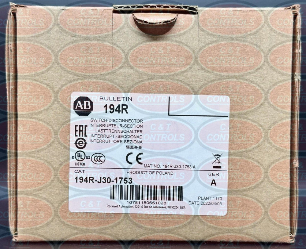 Allen Bradley 194R-J30-1753 30A 3P Disconnect Switch New In Box USA Stock
