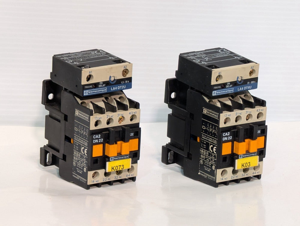 Set of 2 Telemacanique LA4DT4U Timer Module & Contactor, pre-owned, as shown