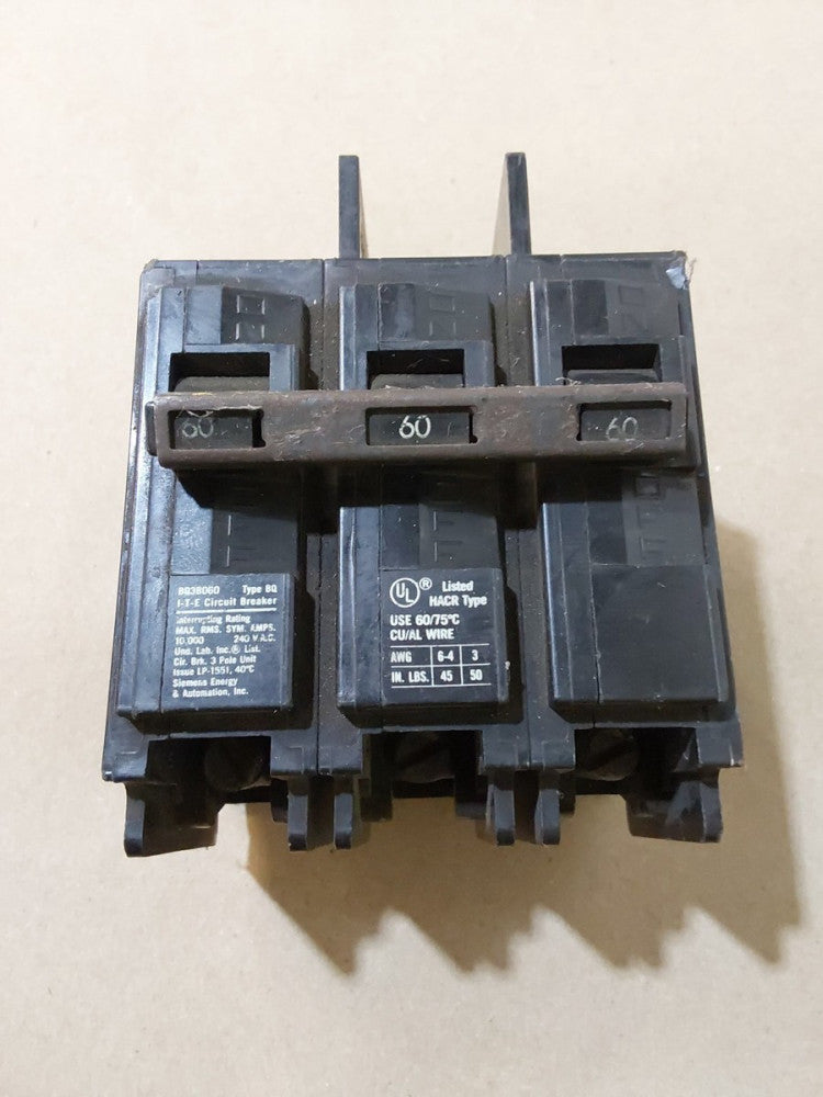 Siemens ITE Gould BQ3B060 3 Pole 60 Amp Type BQ Circuit Breaker (See Pics)