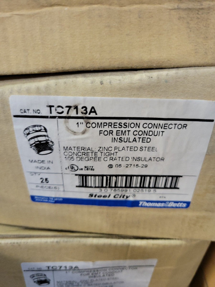 1 BOX OF QTY 25 Steel City T&B TC713A 1"  EMT Compression Connector Insulated