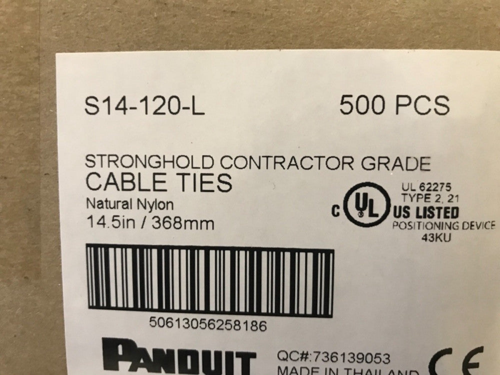 PANDUIT S14-120-L Cable Tie,14.49" L, Nylon, White, PK 500 CONTRACTOR GRADE