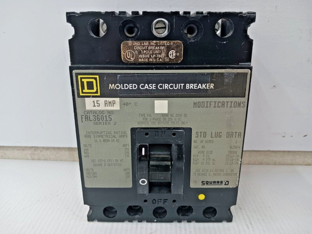 SQUARE D 15 AMP MOLDED CASE CIRCUIT BREAKER 3 POLE 600 VAC FAL36015