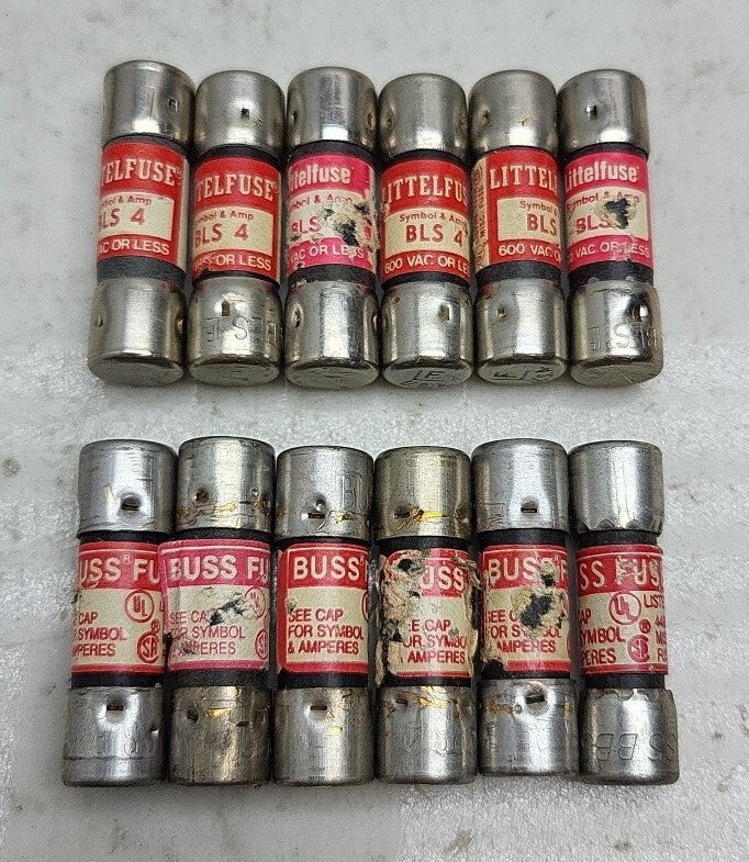 6 Each Littelfuse BLS4  w/ Buss BBS4 4 Amp 600 Vac Midget Fast Acting Fuse USED 