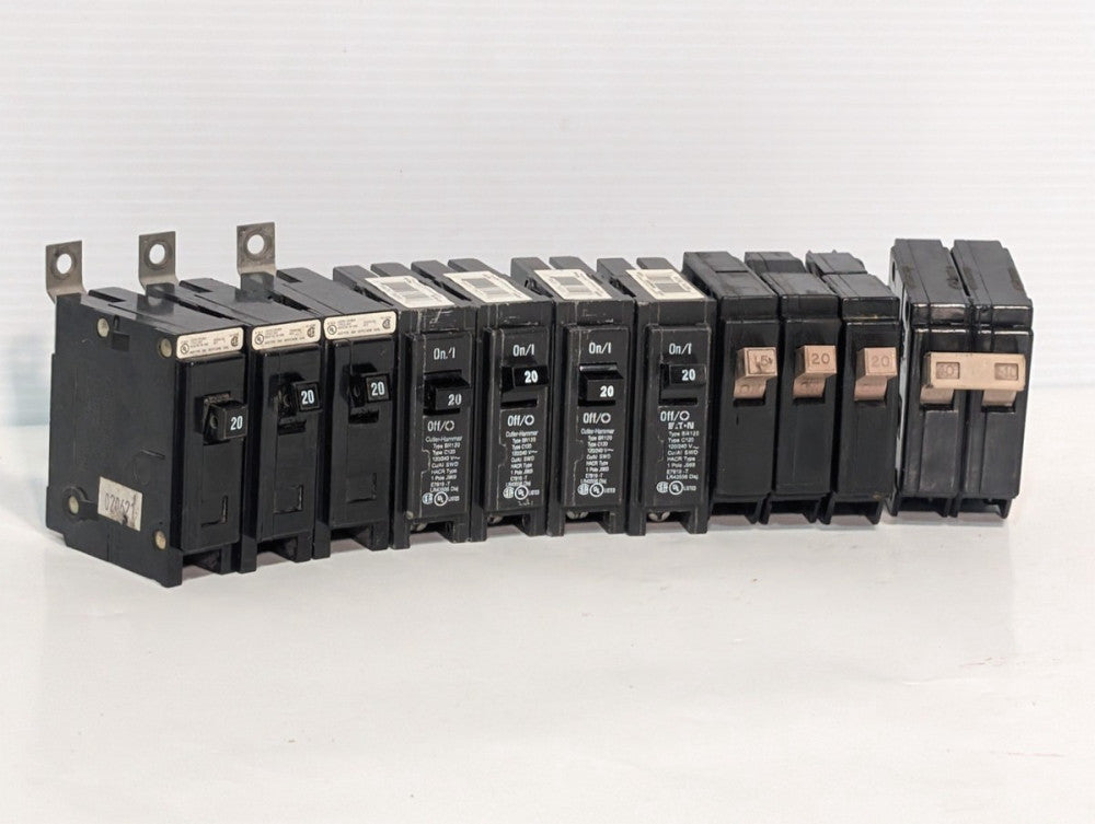 Lot of 12 Cutler-Hammer/Eaton BR120 & QBHW1020 20A circuit breakers, 120/240V