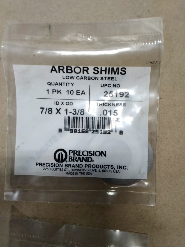 Precision Brand Arbor Shims 25192 7/8x1-3/8x.015 Quantity Of 10 Low Carbon Steel
