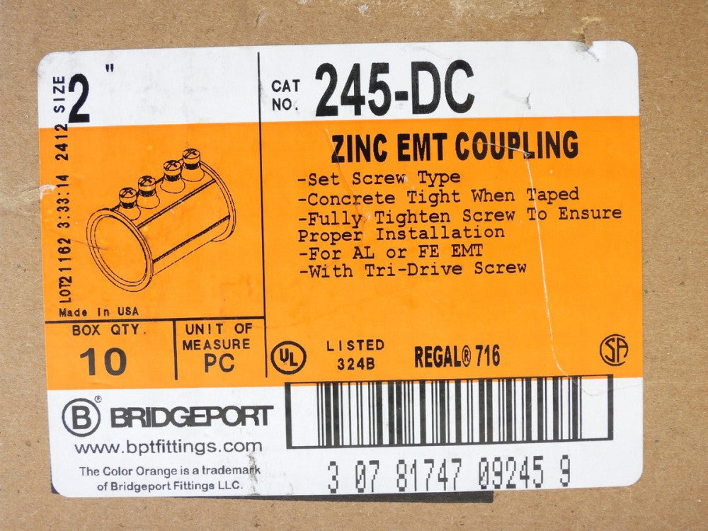 (40 Pieces) Bridgeport 245-DC 2" Diecast EMT Set Screw Conduit Coupling Zinc