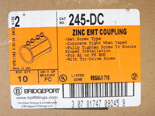 (40 Pieces) Bridgeport 245-DC 2" Diecast EMT Set Screw Conduit Coupling Zinc