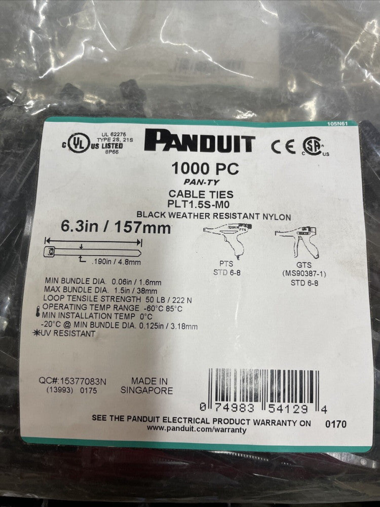 1000 PC  Panduit Cable Zip Ties Black Weather  Resistant Nylon PLT1-5S-MO 6.3 IN