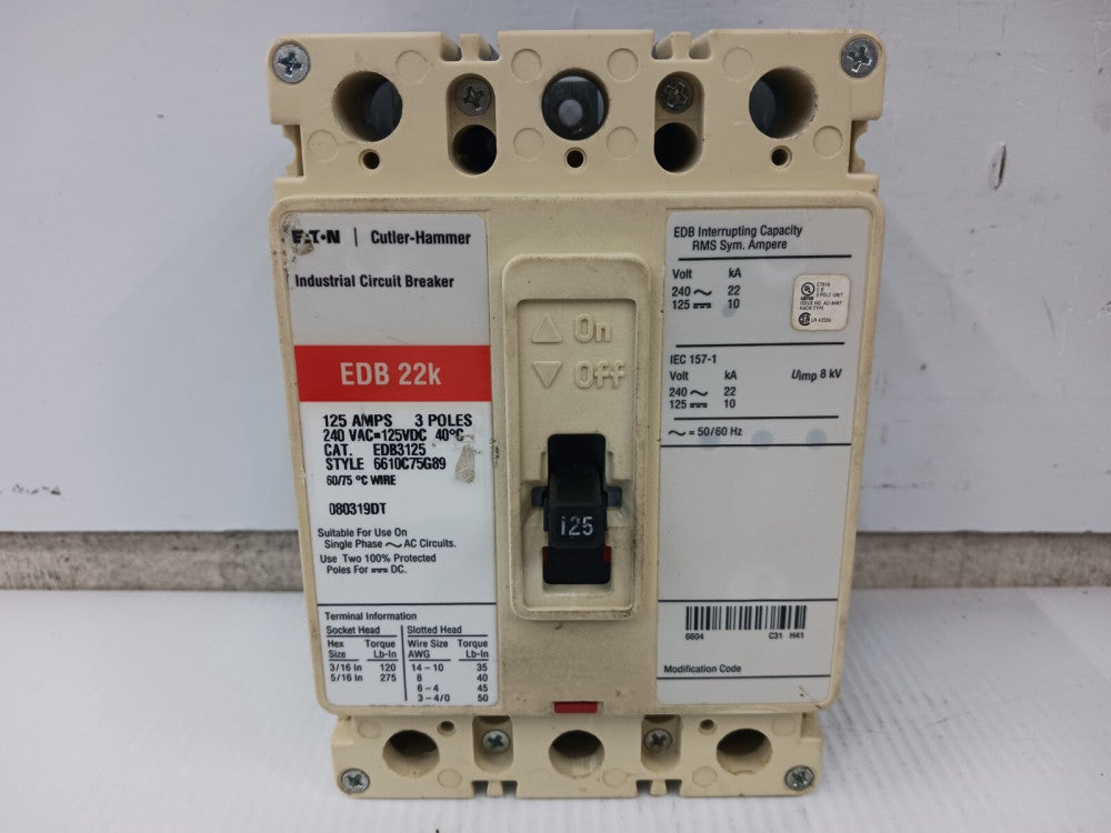 Eaton Cutler Hammer 125 Amp Circuit Breaker 3 Pole 240 VAC/125 VDC 22kA EDB3125