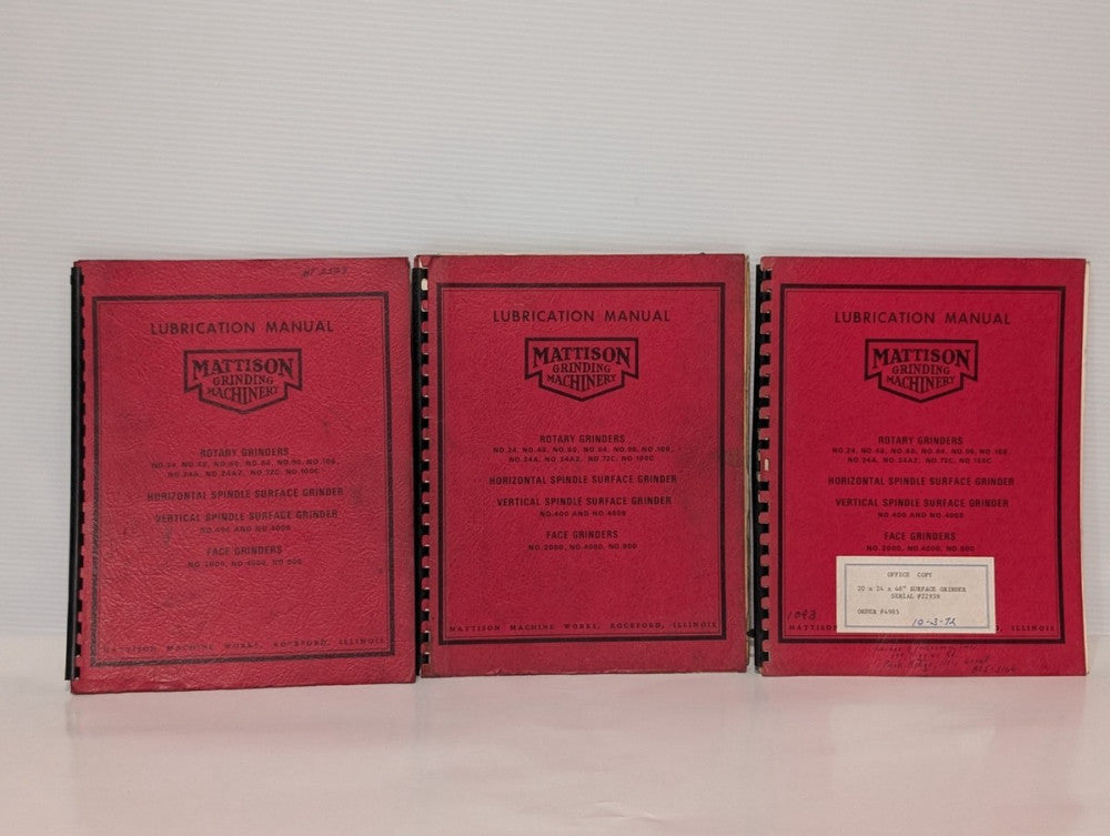 Lot of 3 Mattison Machines Lubrication Manual for Vertical & Horizontal Grinders
