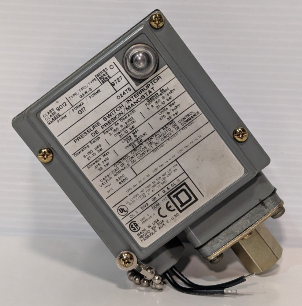 Square D 9012GAW5 pressure switch Series C, 3-150psig, pilot light, NEMA 4 encl.