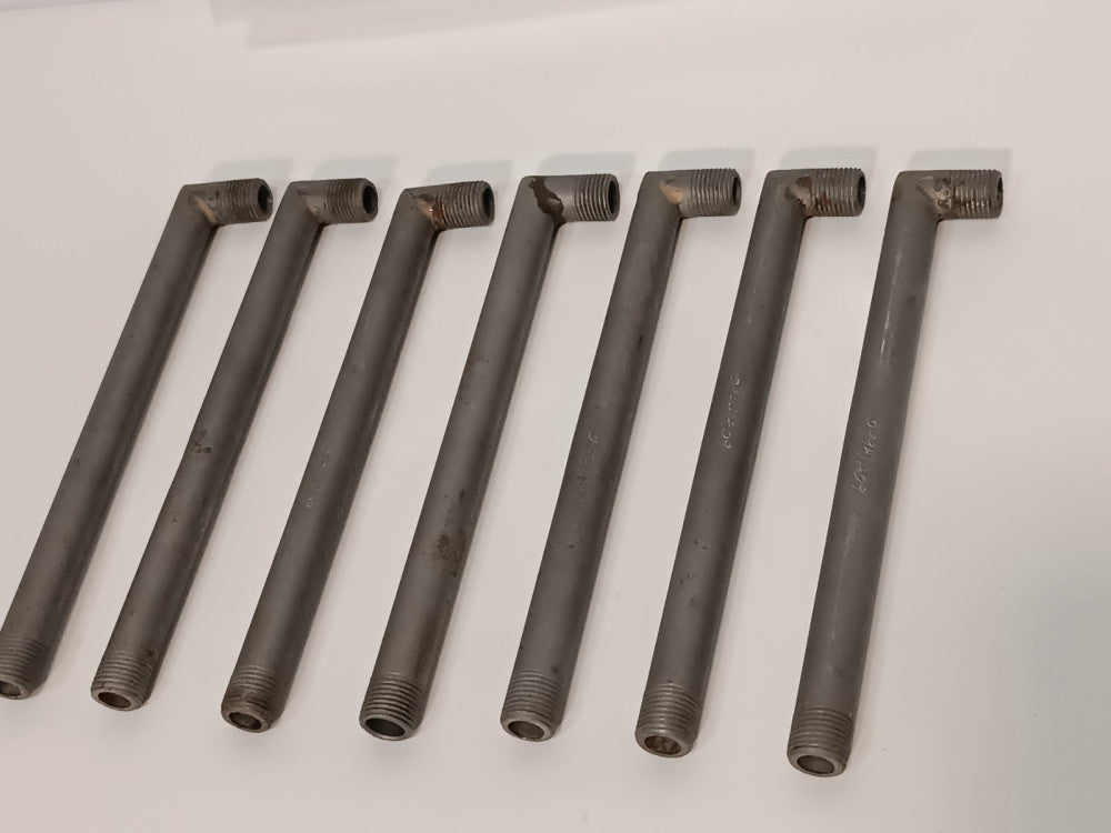 Lot of 7 Unbranded L-Shaped Steel Pipe Nipples, 5" Length, Threaded On Both Ends