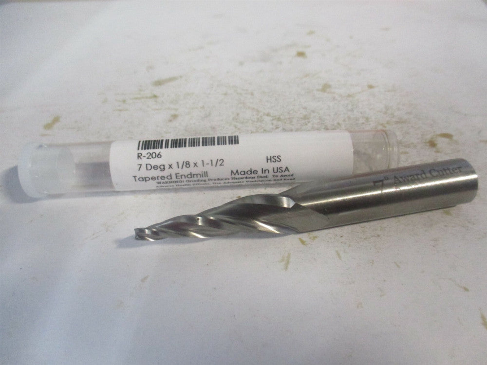 (R-206) 1/8" x 1-1/2" x 1/2" x 3-1/4" OAL HSS 3-Flute Tapered Square End Mill 