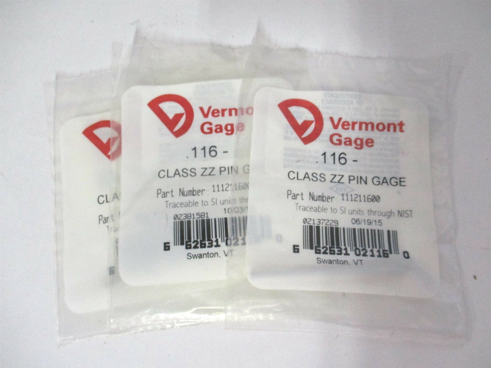 Vermont Gage (111211600) 0.116" Diam Class ZZ Minus Plug & Pin Gage - Lot of 3
