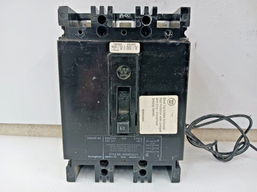 WESTINGHOUSE 60 AMP CIRCUIT BREAKER 3 POLE 480 VAC EHB3060 W/ SHUNT TRIP (FLAW)