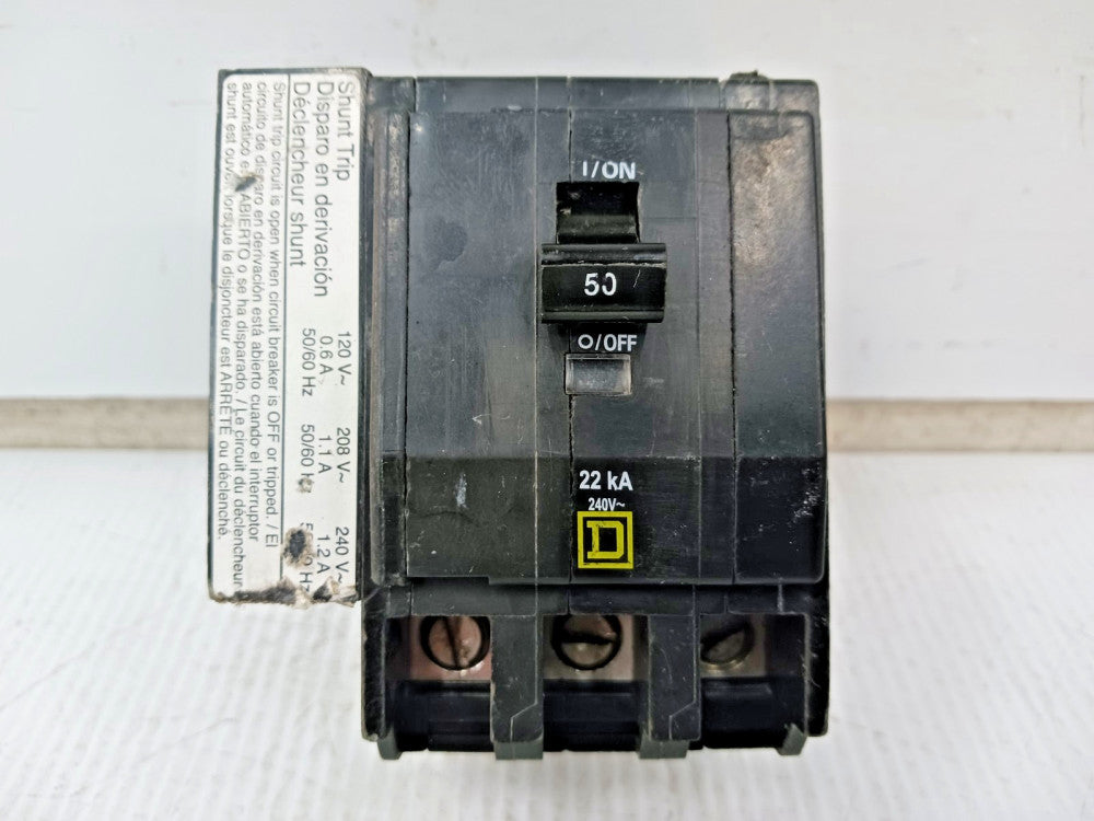 Square D 50 Amp Bolt-On Circuit Breaker 3P 240 VAC 22kA QOB350VH1021 W/ Shunt