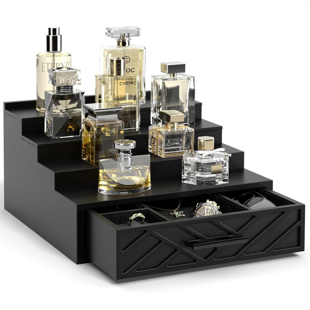 Cologne Organizer for Men 4 Tier Stand With Velvet Lining Drawer and Hidden C...