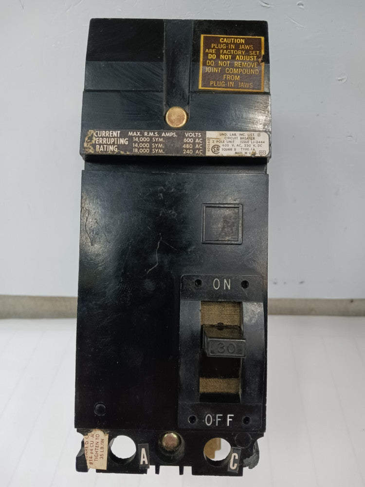 SQUARE D 30 AMP CIRCUIT BREAKER 2 POLE 600 VAC FA-26030-AC