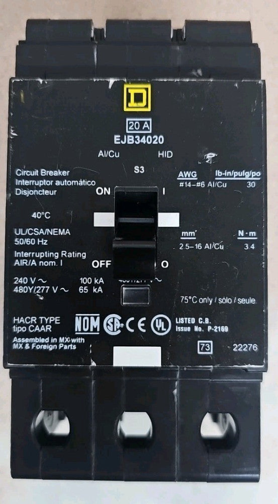 NTO Square D EJB34020 NT 20 Amp 3 Pole 65kA 480Y/277V