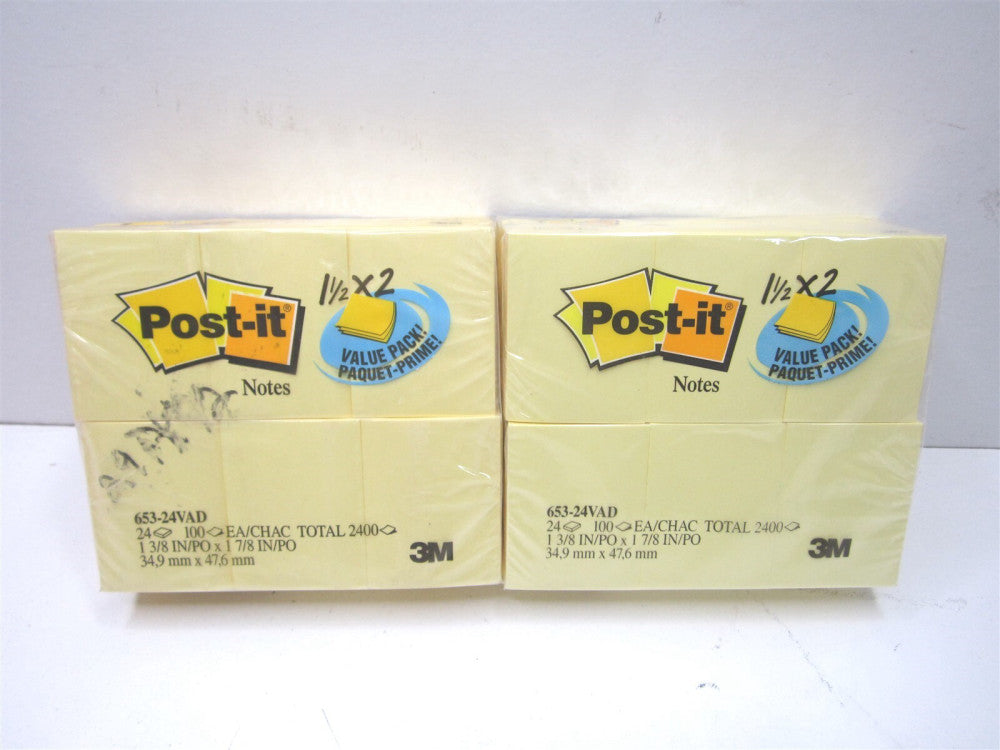 3M (653-24VAD) 1.5 in x 2 in Canary Yellow Post-it Mini Notes 24ct. - Lot of 2 