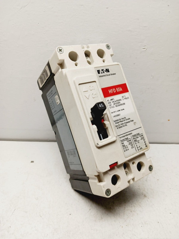 NEW EATON HFD2045 45 AMP CIRCUIT BREAKER 2 POLE 600 VAC 250 VDC 65K