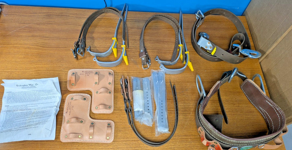 Buckingham Climbing Kit: Body Belt S26, pads, straps, 2 sets of spikes/stirrups