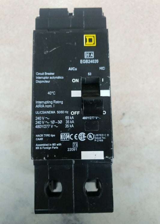 1-Square D EGB24020 20 Amp 480Y/277 VAC 2 Pole Bolt-On Circuit Breaker NTO